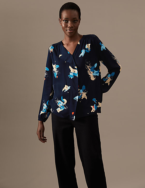 Printed Draped Long Sleeve Blouse