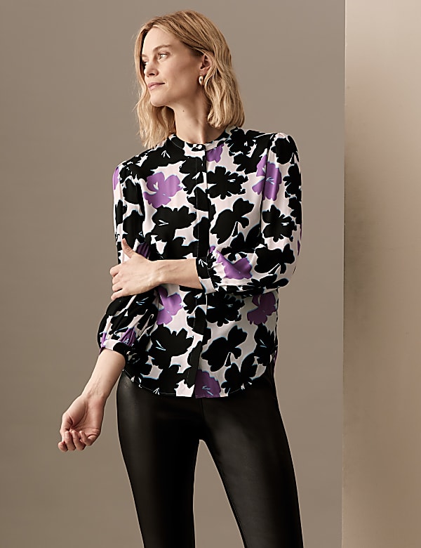Floral Collarless Long Sleeve Blouse