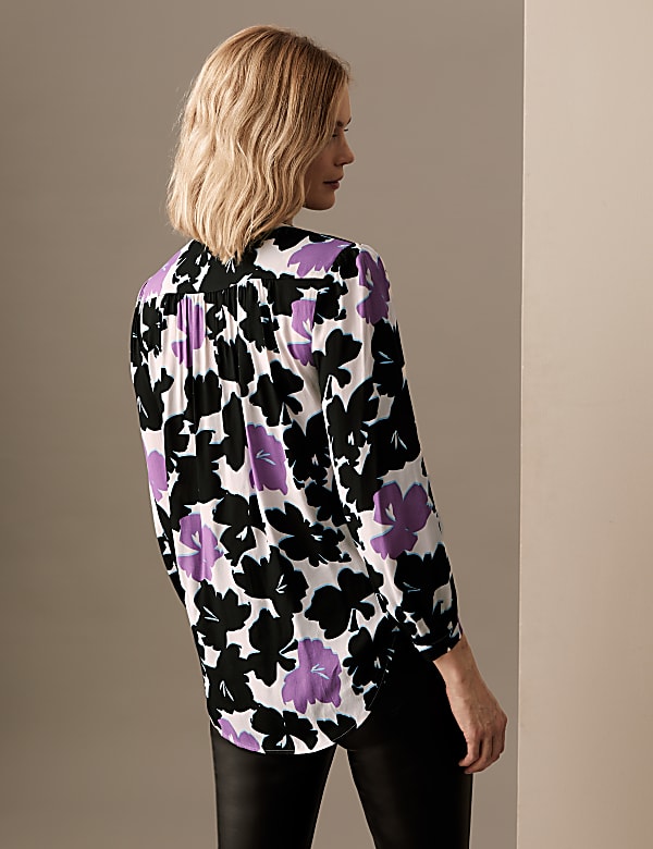 Floral Collarless Long Sleeve Blouse