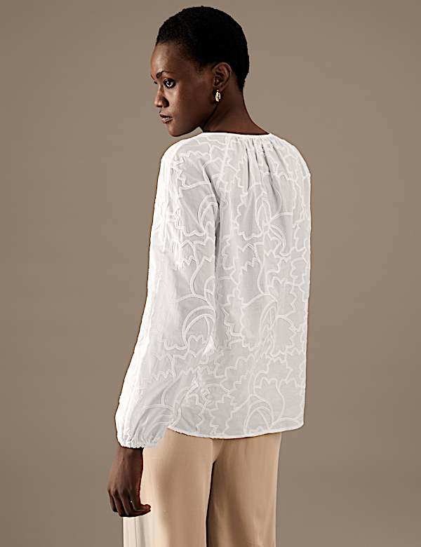 Pure Cotton Embroidered Tie Neck Blouse