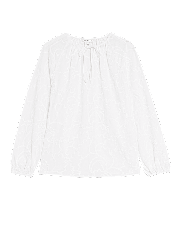 Pure Cotton Embroidered Tie Neck Blouse