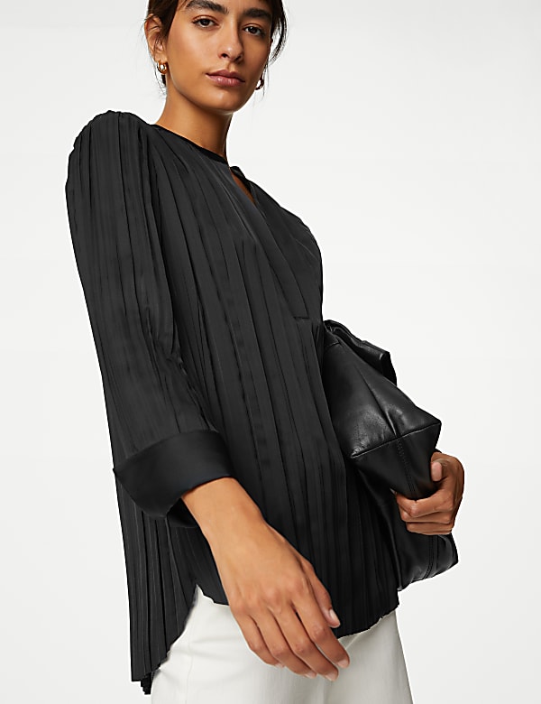 Satin Plisse Notch Neck Blouse