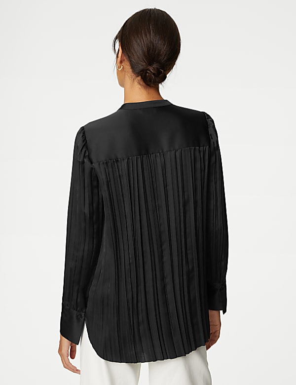 Satin Plisse Notch Neck Blouse