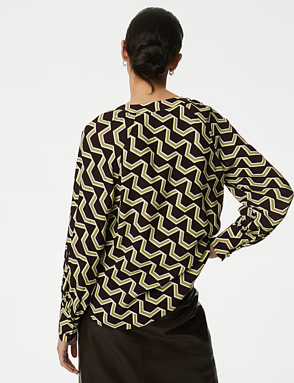 Geometric Round Neck Zip Detail Blouse