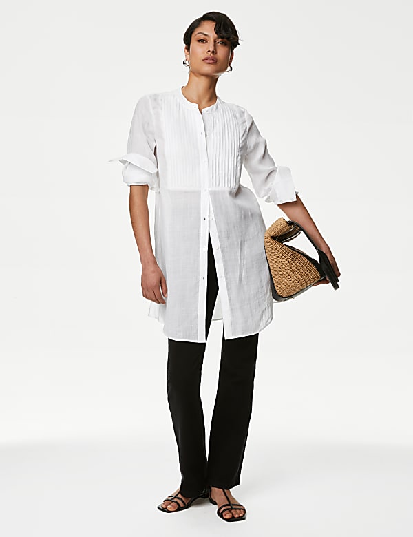 Ramie Collarless Pintuck Longline Shirt
