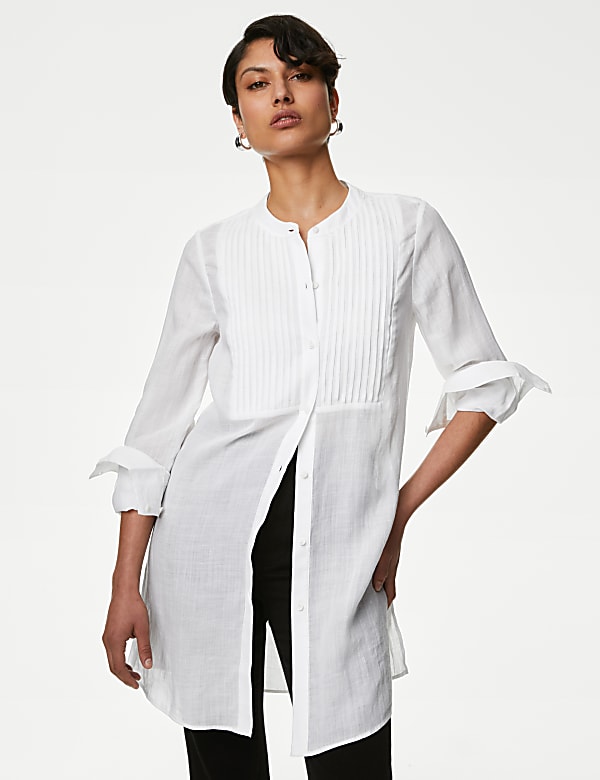Ramie Collarless Pintuck Longline Shirt