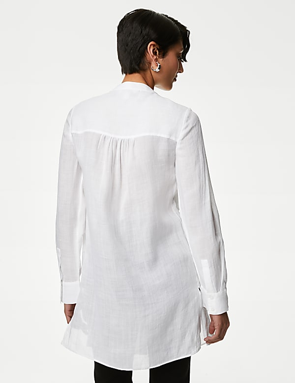 Ramie Collarless Pintuck Longline Shirt