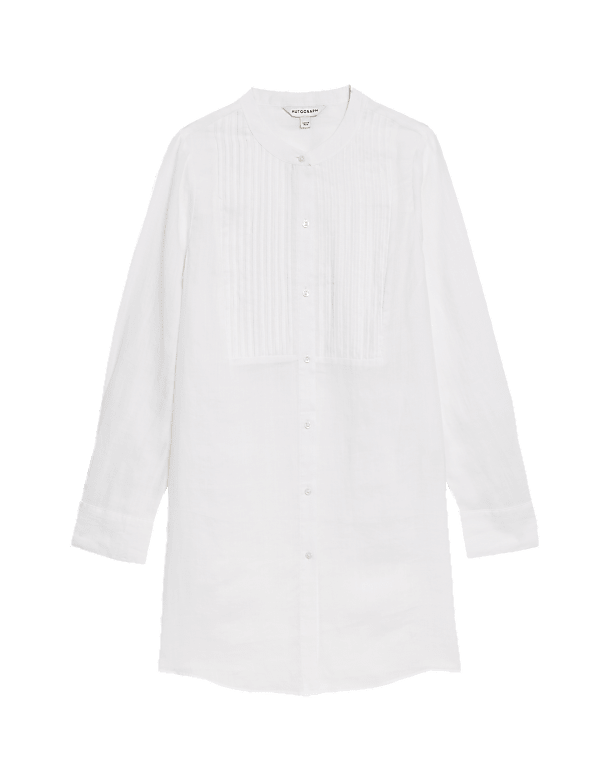 Ramie Collarless Pintuck Longline Shirt