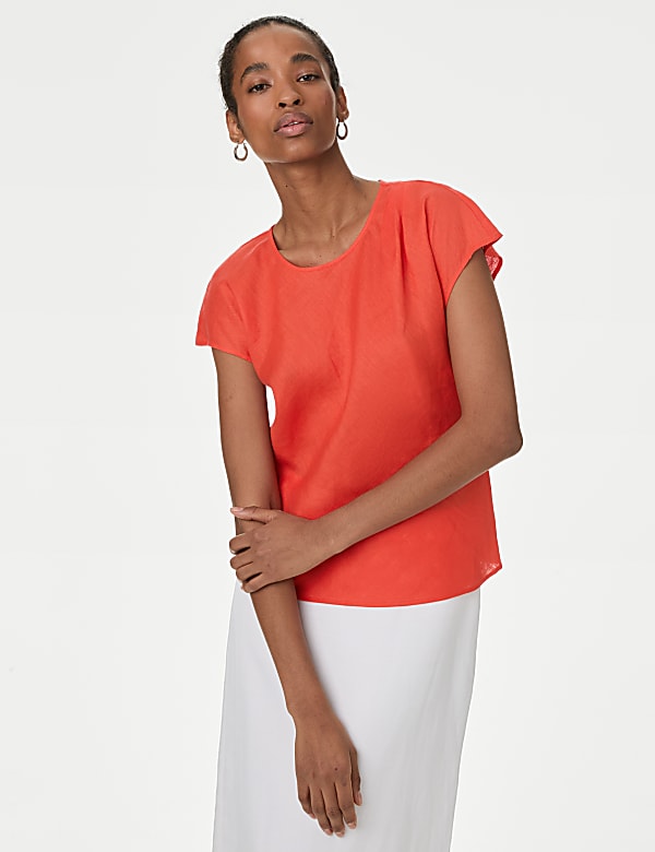 Pure Irish Linen Pleated Round Neck Blouse
