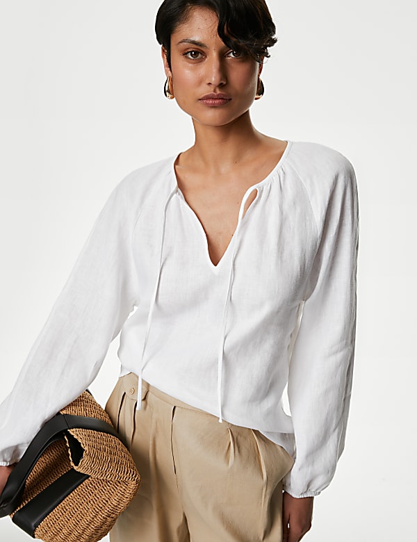 Pure Irish Linen Tie Neck Blouse - FI