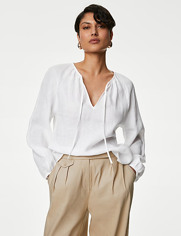 Pure Irish Linen Tie Neck Blouse - SE