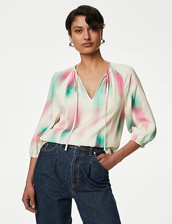 Cupro Rich Printed Tie Neck Blouse