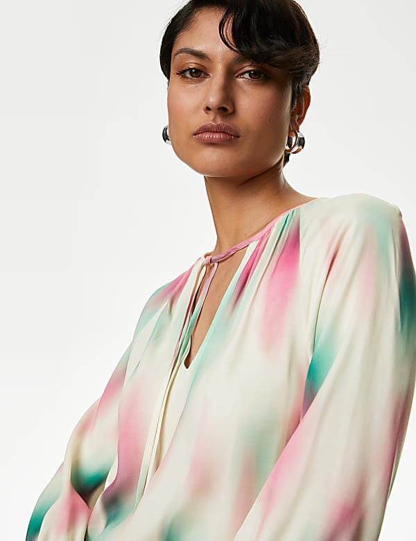 Cupro Rich Printed Tie Neck Blouse