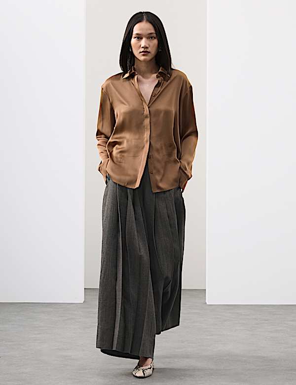 Modal Blend Satin Collared Relaxed Shirt - LU