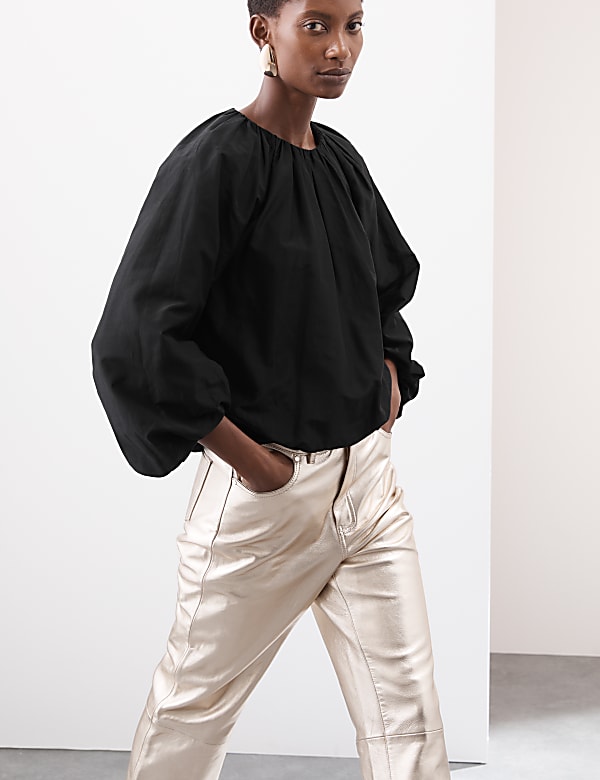 Silk Blend Gathered Neck Relaxed Blouse - IT