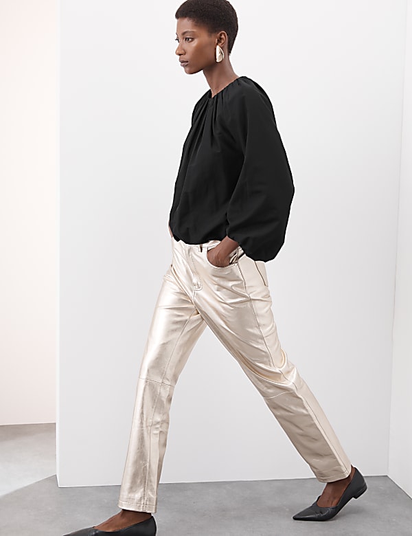 Silk Blend Gathered Neck Relaxed Blouse - IT