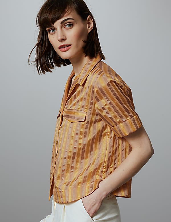 Cotton Blend Striped Cropped Boxy Shirt