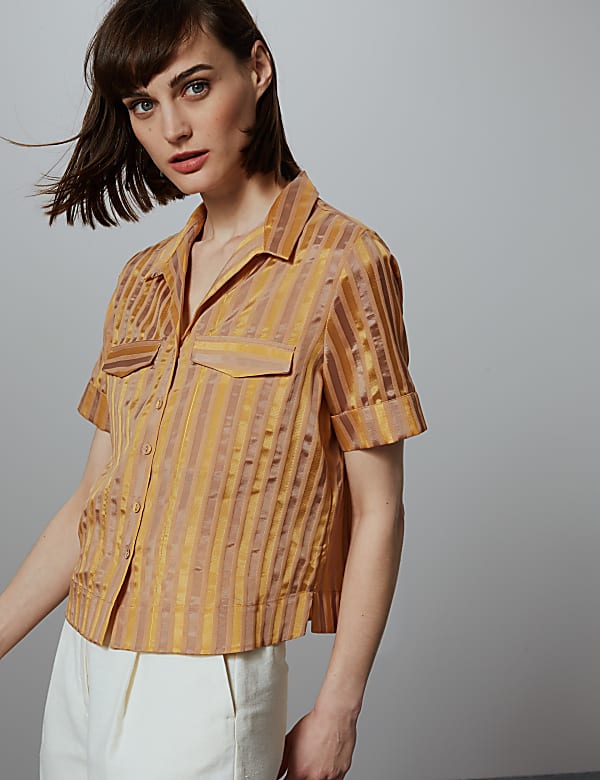 Cotton Blend Striped Cropped Boxy Shirt