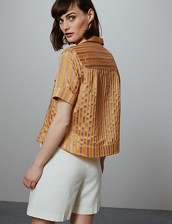 Cotton Blend Striped Cropped Boxy Shirt