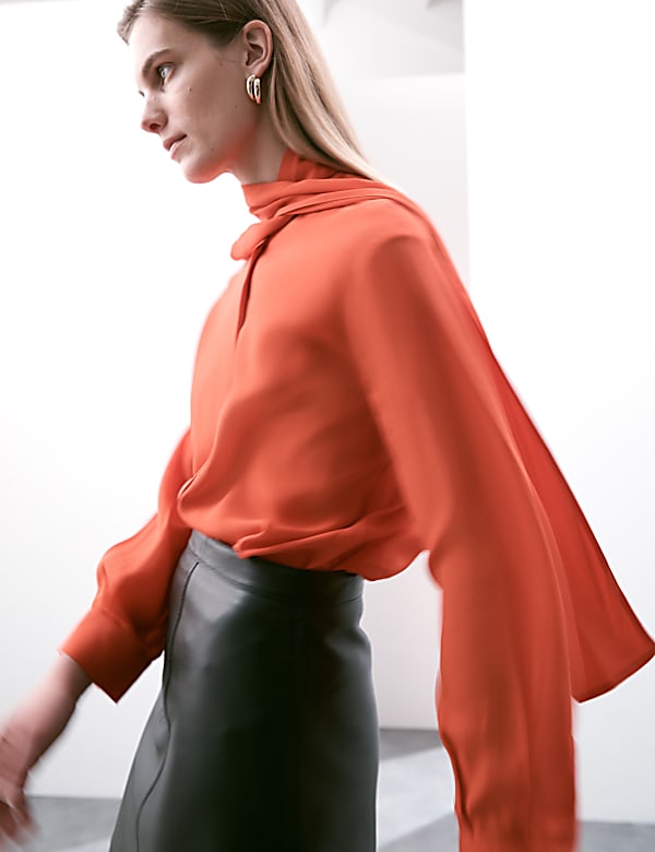 Silk Blend Tie Neck Button Through Blouse - JO