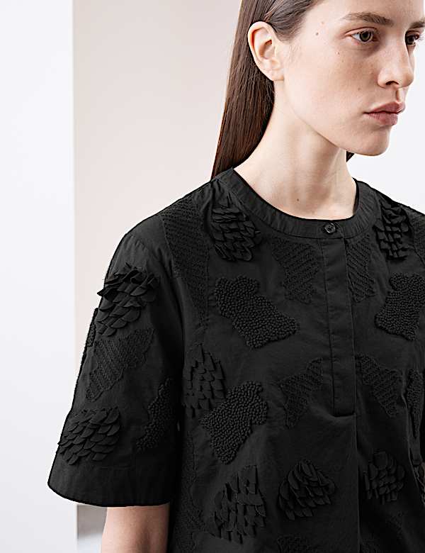 Pure Cotton Embroidered Round Neck Short Sleeve Blouse