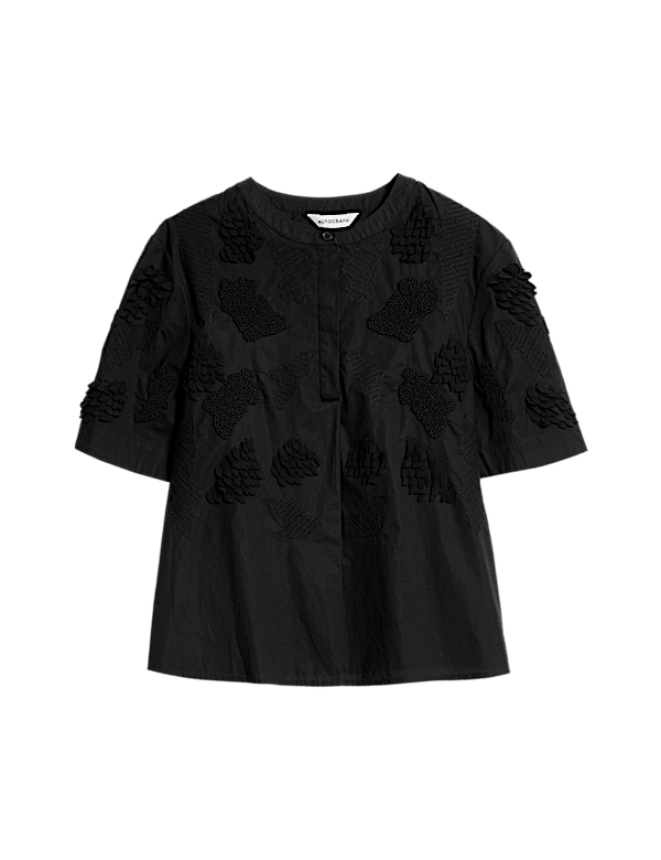 Pure Cotton Embroidered Round Neck Short Sleeve Blouse