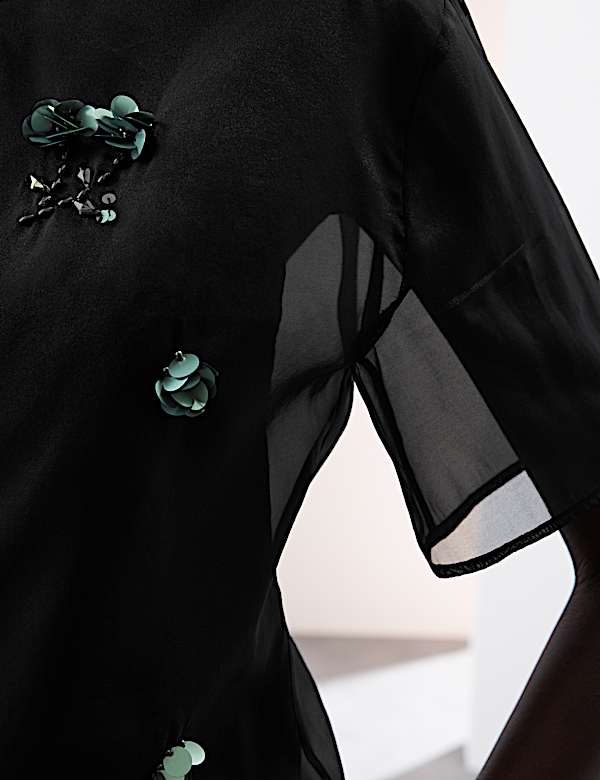 Organza Floral Embellished Round Neck Top - AT