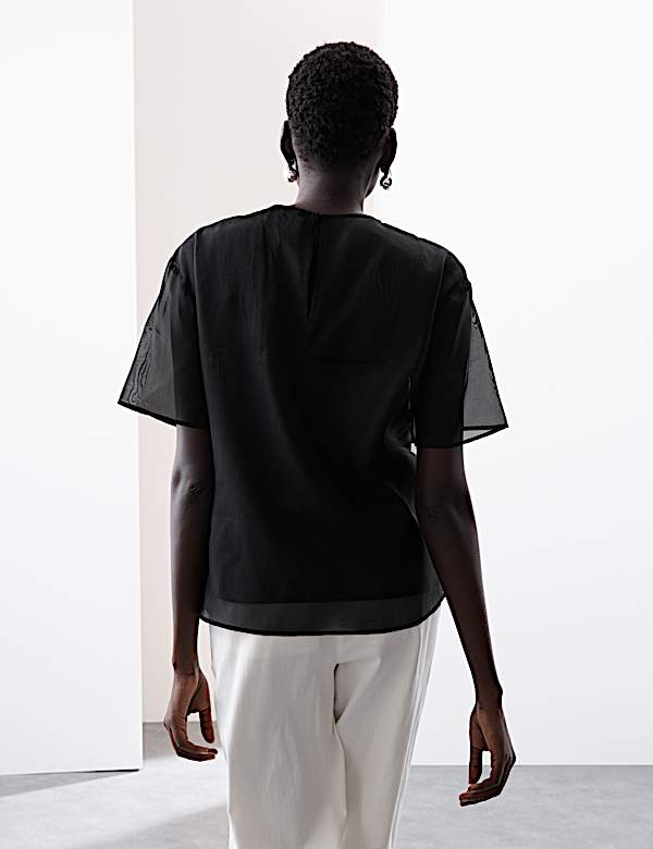 Organza Floral Embellished Round Neck Top - AT