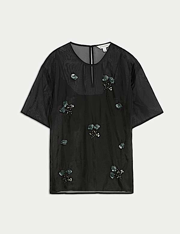 Organza Floral Embellished Round Neck Top - AT