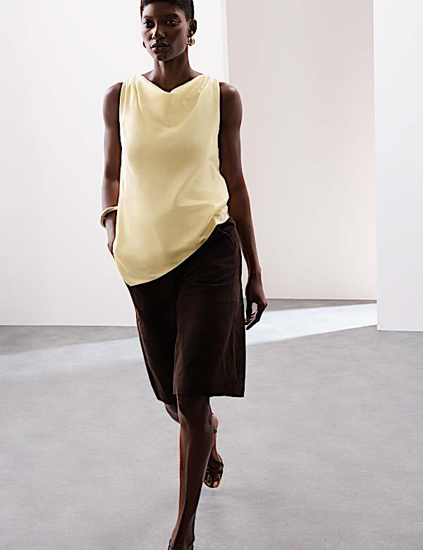 Cupro Rich Cowl Neck Asymmetric Draped Top