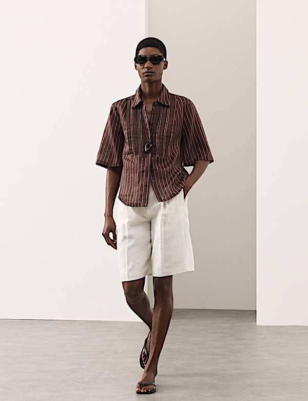 Pure Ramie Striped Pintuck Shirt - FI