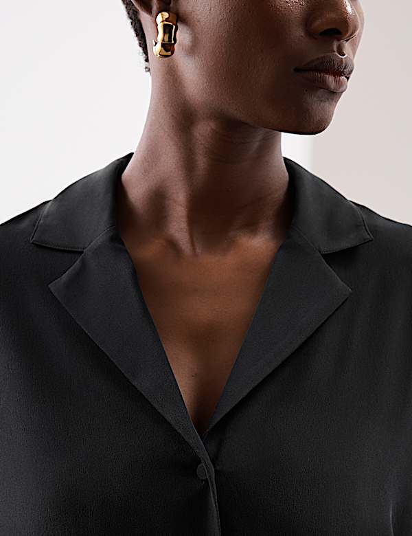 Blus Kancing Penuh Sutra Murni dengan Kerah - ID