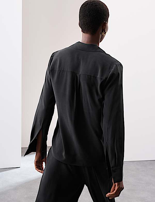 Blus Kancing Penuh Sutra Murni dengan Kerah - ID