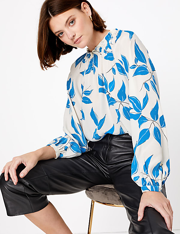 Leaf Print High Neck Relaxed Blouse