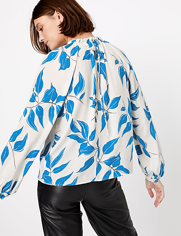 Leaf Print High Neck Relaxed Blouse