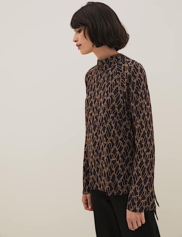 Printed High Neck Long Sleeve Blouse