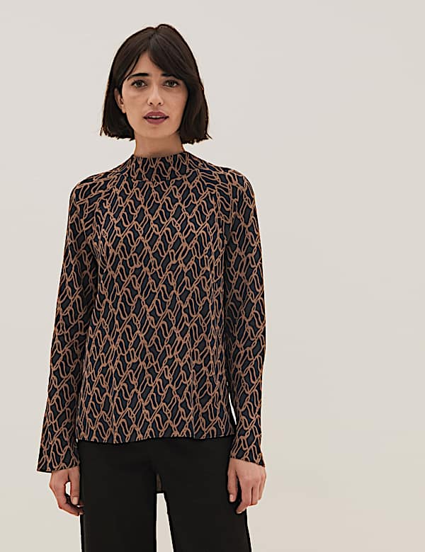 Printed High Neck Long Sleeve Blouse