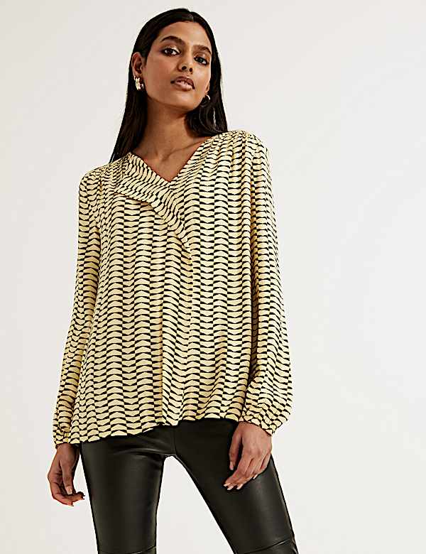 Geometric Draped V-Neck Long Sleeve Blouse