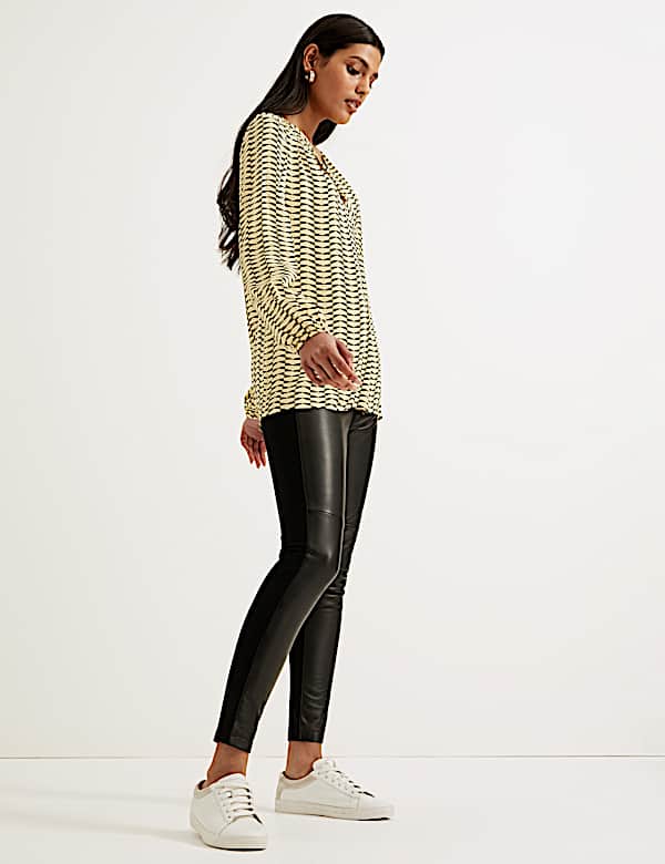 Geometric Draped V-Neck Long Sleeve Blouse