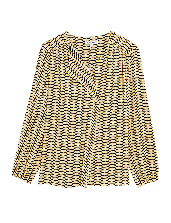 Geometric Draped V-Neck Long Sleeve Blouse