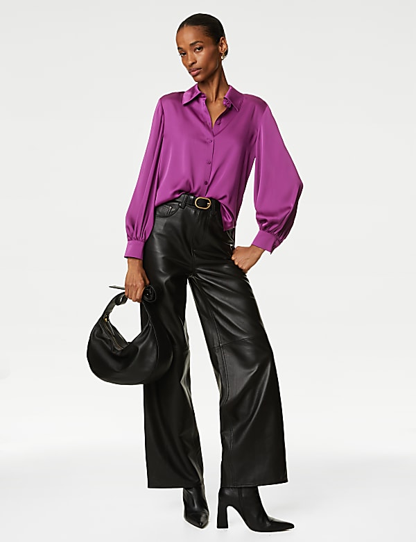 Satin Collared Blouson Sleeve Shirt