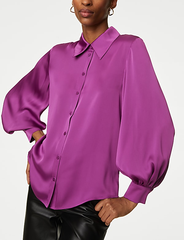 Satin Collared Blouson Sleeve Shirt