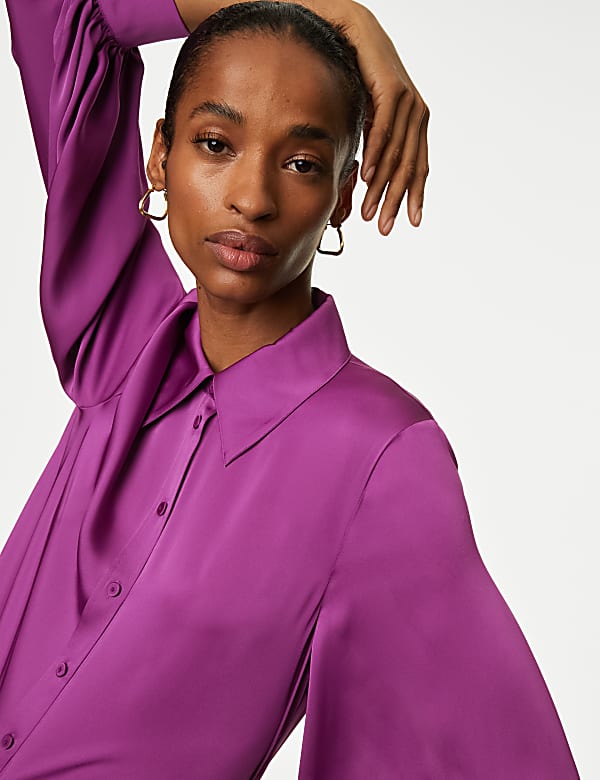 Satin Collared Blouson Sleeve Shirt