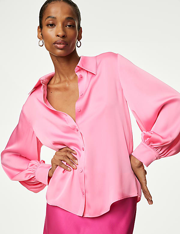 Satin Collared Blouson Sleeve Shirt