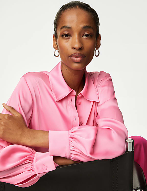 Satin Collared Blouson Sleeve Shirt