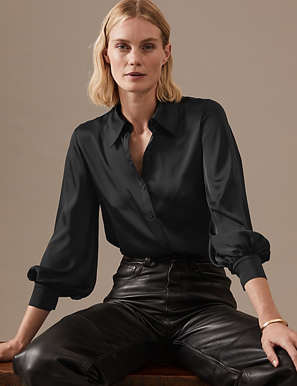 Satin Collared Blouson Sleeve Shirt - CA