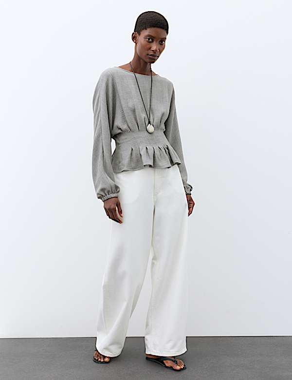 Textured Pleat Detail Blouson Sleeve Blouse - BN