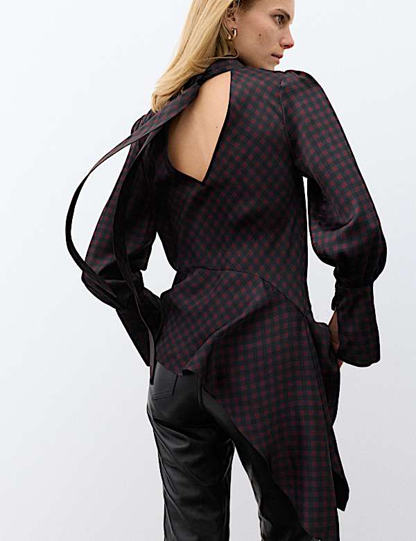 Satin Checked Tie Neck Asymmetric Blouse - BN