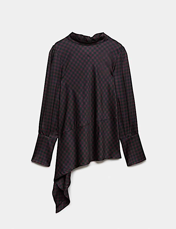 Satin Checked Tie Neck Asymmetric Blouse - BN