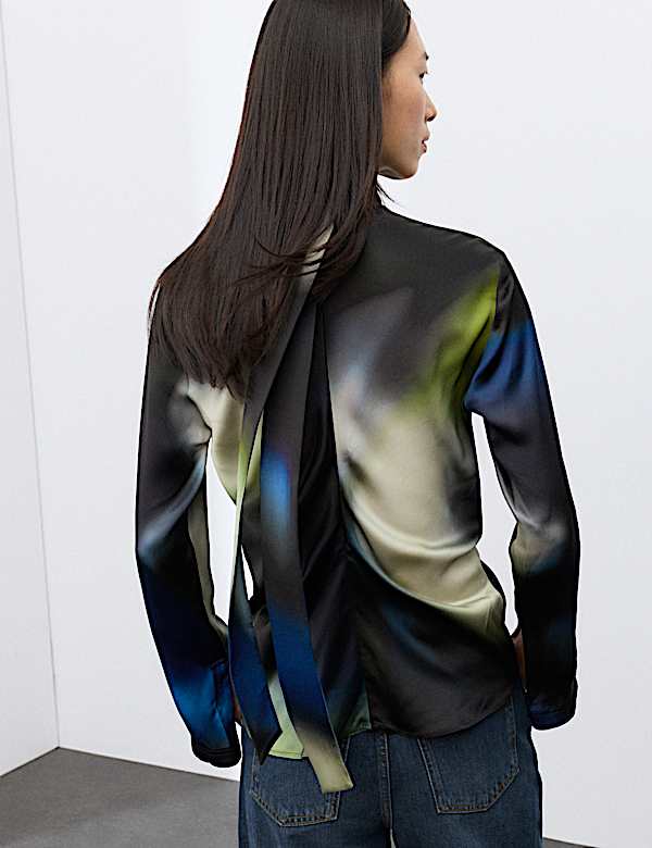 Satin Printed High Neck Tie Detail Blouse - AL